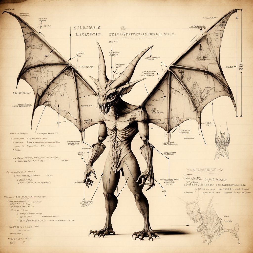 Ilustração detalhada e anatômica da besta descrita